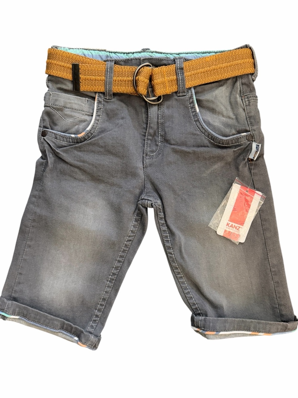 Kanz Kids Surf Bermuda Shorts Size 5 NWT Gray Denim Rolled Hem Belt Euro Summer